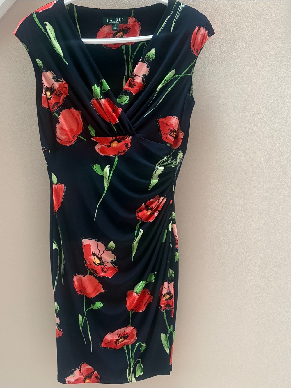 Lauren Ralph Lauren Navy Blue Red Poppy Floral Faux-Wrap Ruched Sheath Dress